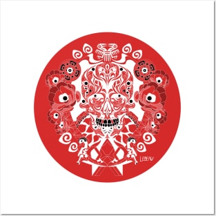 crimson skull in tree of life ecopop in zentangle totonac patterns Posters and Art